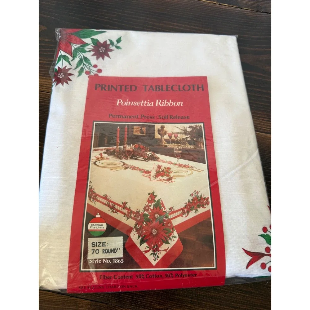 Bardwil Fine Linens Poinsettia Ribbon Round Tablecloth 70 Inch Christmas Holiday